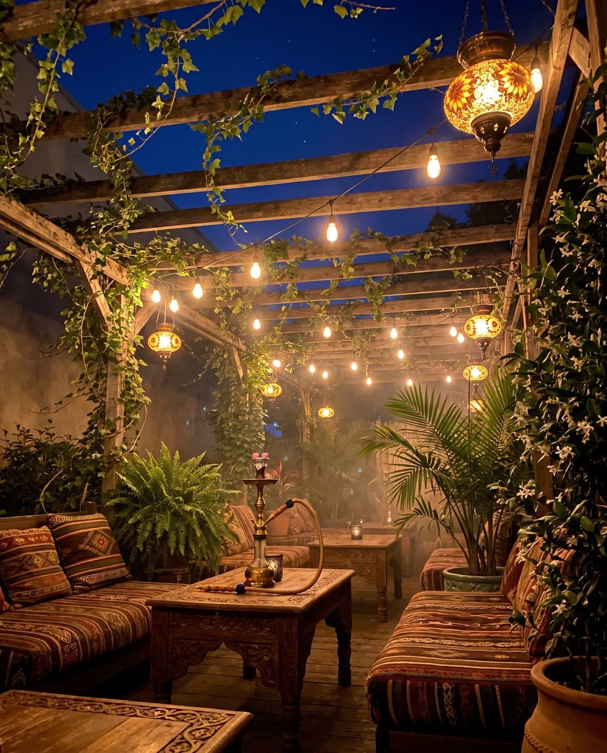 The covered open-air hookah garden at Origin glowing with warm lanterns at dusk